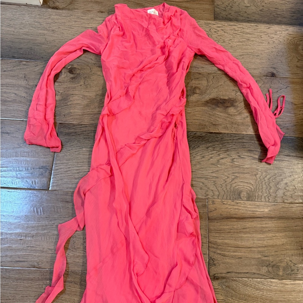 Pink Ruched Wrap Bodycon Dress with Bishop Sleeves